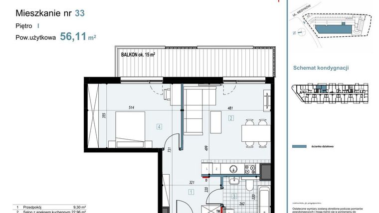Rzut - Mieszkanie na sprzedaż 2 pokoje o powierzchni 56,11 m² - numer 33 w Medyków 32