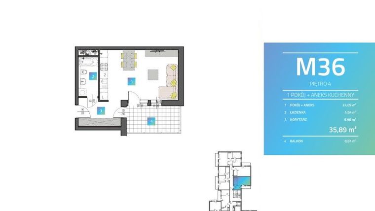 Rzut - Mieszkanie na sprzedaż 1 pokój o powierzchni 36,28 m² - numer M36 w Mi9