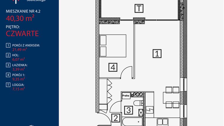 Rzut - Mieszkanie na sprzedaż 2 pokoje o powierzchni 40,3 m² - numer B2.M.4.2 w Tarasy Sobieskiego