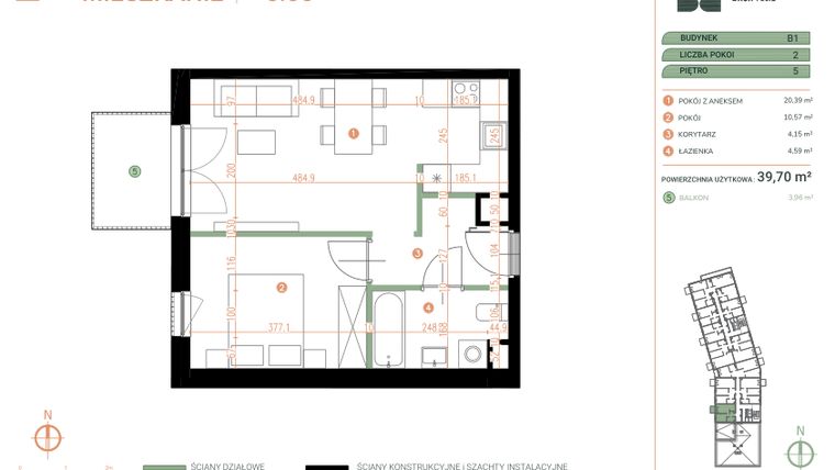 Rzut - Mieszkanie na sprzedaż 2 pokoje o powierzchni 39,7 m² - numer M.05.05 w Casa Feliz Portowa II