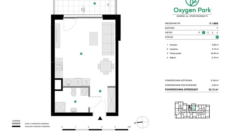 Rzut - Mieszkanie na sprzedaż 1 pokój o powierzchni 32,12 m² - numer F.1.M09 w Oxygen Park etap III