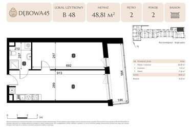 Rzut - Lokal użytkowy na sprzedaż 2 pokoje o powierzchni 48,81 m² - numer B.48 - LU9 w Dębowa 45