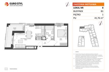 Rzut - Mieszkanie na sprzedaż 2 pokoje o powierzchni 41,76 m² - numer B1.8 w Zajezdnia Motława