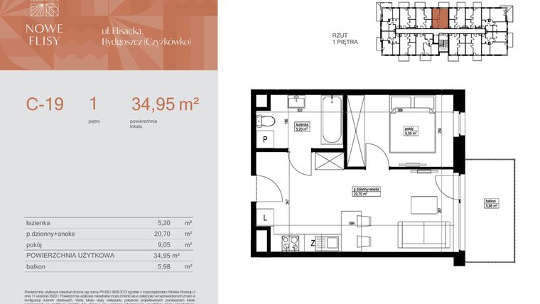 Rzut - Mieszkanie na sprzedaż 2 pokoje o powierzchni 34,95 m² - numer M19_NF.c w Nowe Flisy II