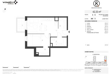 Rzut - Mieszkanie na sprzedaż 2 pokoje o powierzchni 42,33 m² - numer A/4/3.5 w Smardzewska 8