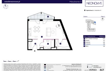 Rzut - Mieszkanie na sprzedaż 1 pokój o powierzchni 43,26 m² - numer 15/5 w Osiedle Neonowe