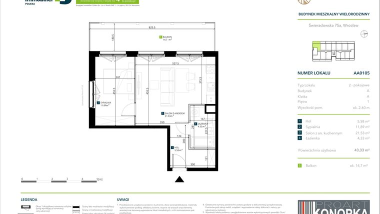 Rzut - Mieszkanie na sprzedaż 2 pokoje o powierzchni 43,33 m² - numer AA0105 w Vivre