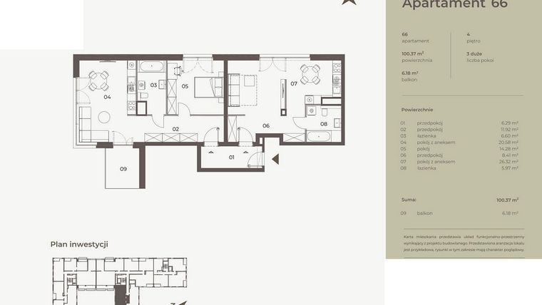 Rzut - Mieszkanie na sprzedaż 2 pokoje o powierzchni 100,37 m² - numer 66 w Monument