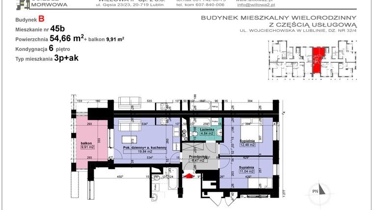 Rzut - Mieszkanie na sprzedaż 3 pokoje o powierzchni 54,66 m² - numer 45b w Osiedle Morwowa budynek B