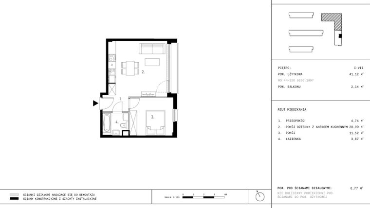Rzut - Mieszkanie na sprzedaż 2 pokoje o powierzchni 41,12 m² - numer D3.1 w Wynalazek 3A