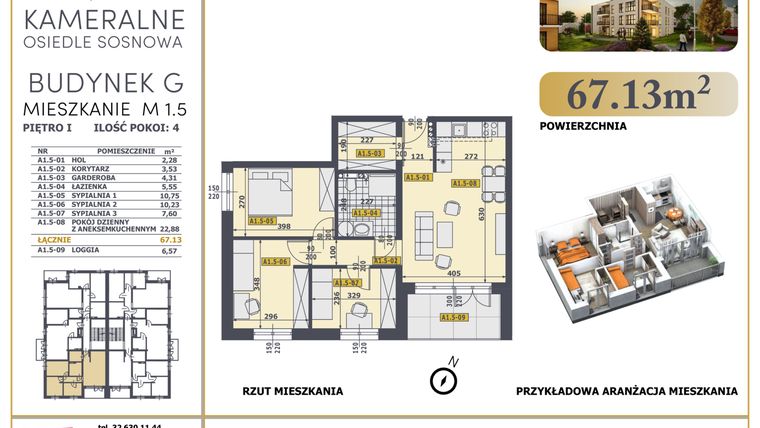 Rzut - Mieszkanie na sprzedaż 4 pokoje o powierzchni 66,49 m² - numer M1.5 w Osiedle Sosnowa G