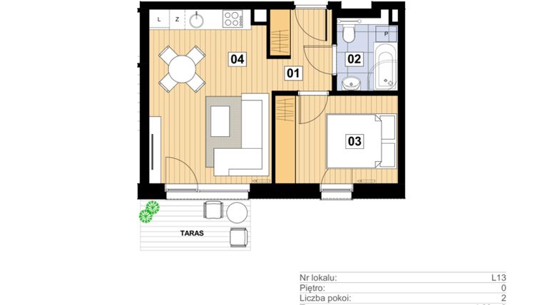 Rzut - Mieszkanie na sprzedaż 2 pokoje o powierzchni 34,4 m² - numer L-13 w Mickiewicza 21 Residence