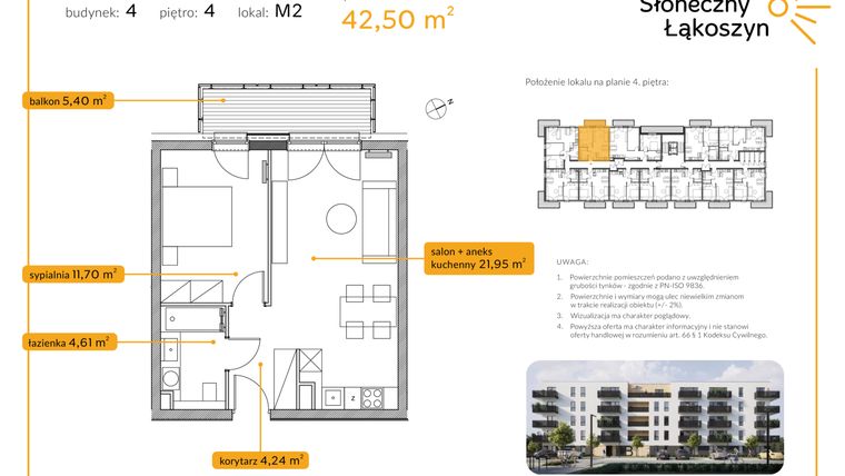 Rzut - Mieszkanie na sprzedaż 2 pokoje o powierzchni 42,5 m² - numer 4/M/4/2 w Osiedle Słoneczny Łąkoszyn bud. 4