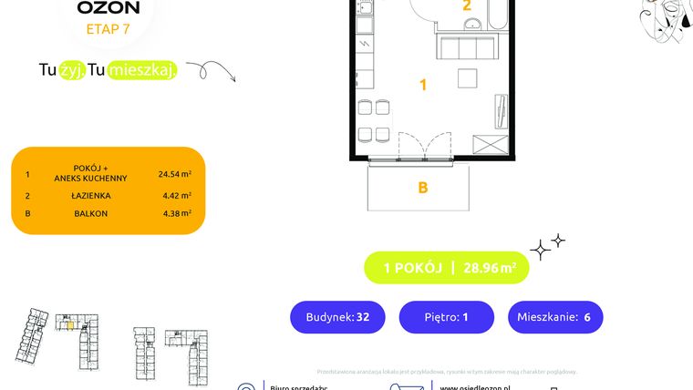 Rzut - Mieszkanie na sprzedaż 1 pokój o powierzchni 28,96 m² - numer 32.6 w Osiedle Ozon etap VII