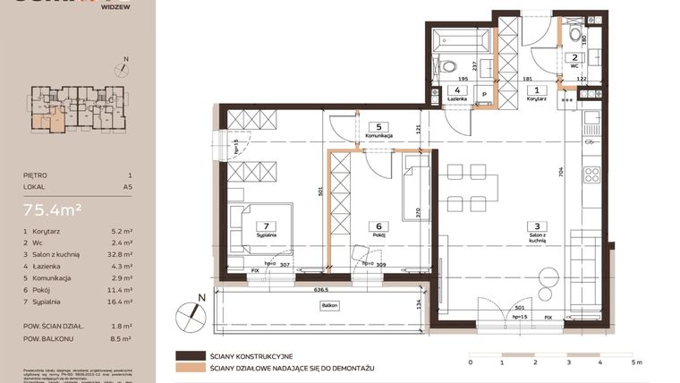Rzut - Mieszkanie na sprzedaż 3 pokoje o powierzchni 75,4 m² - numer A5 w Domkove Widzew