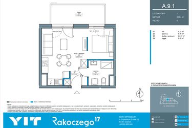 Rzut - Mieszkanie na sprzedaż 1 pokój o powierzchni 33,6 m² - numer A.9.1 w Rakoczego 17