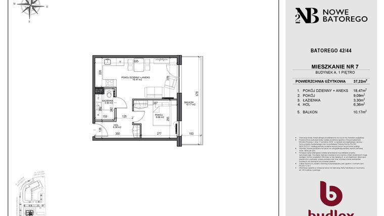 Rzut - Mieszkanie na sprzedaż 2 pokoje o powierzchni 37,22 m² - numer A7 w Nowe Batorego 2