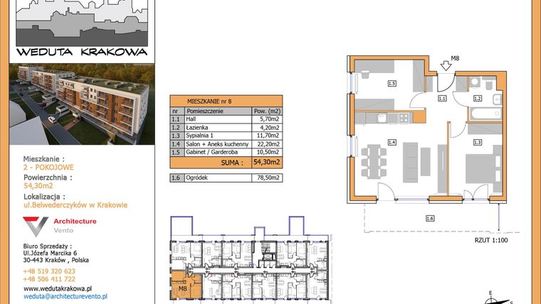 Rzut - Mieszkanie na sprzedaż 2 pokoje o powierzchni 54,3 m² - numer M8 w Weduta Krakowa etap II