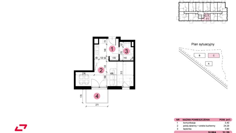 Rzut - Mieszkanie na sprzedaż 1 pokój o powierzchni 31,59 m² - numer C-1-11 w Nowe Miasto