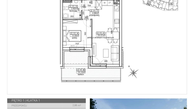 Rzut - Mieszkanie na sprzedaż 2 pokoje o powierzchni 35,35 m² - numer 15 w Wave etap II