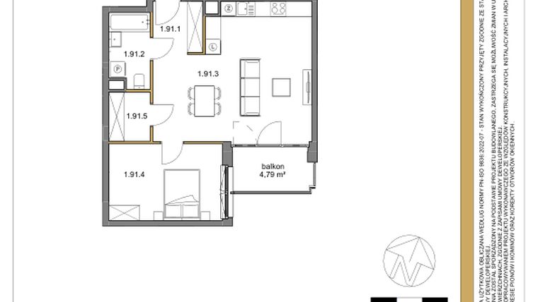 Rzut - Mieszkanie na sprzedaż 2 pokoje o powierzchni 54,85 m² - numer 91 w Osiedle Sfera etap II