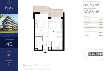 Rzut - Mieszkanie na sprzedaż 2 pokoje o powierzchni 38,78 m² - numer B6M45 w Plaza City