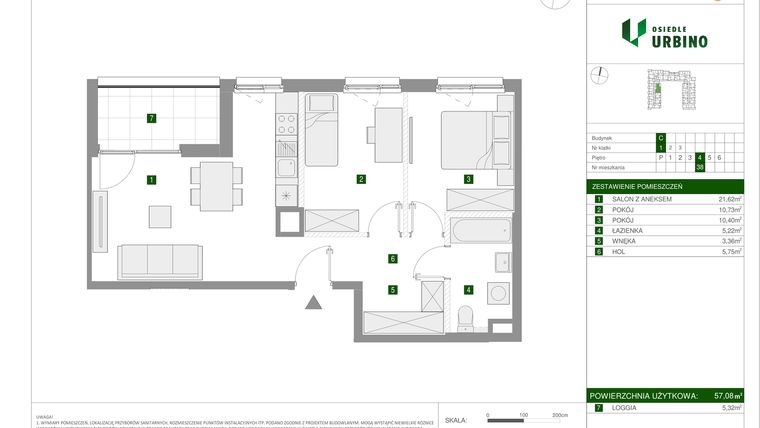 Rzut - Mieszkanie na sprzedaż 3 pokoje o powierzchni 57,08 m² - numer 1.3.C.38 w Osiedle Urbino