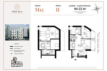 Rzut - Mieszkanie na sprzedaż 4 pokoje o powierzchni 91,55 m² - numer 15 w Niecała Prestige Residence