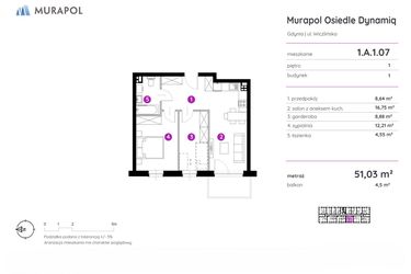 Rzut - Mieszkanie na sprzedaż 2 pokoje o powierzchni 51,03 m² - numer 1.A.1.07 w Murapol Osiedle Dynamiq