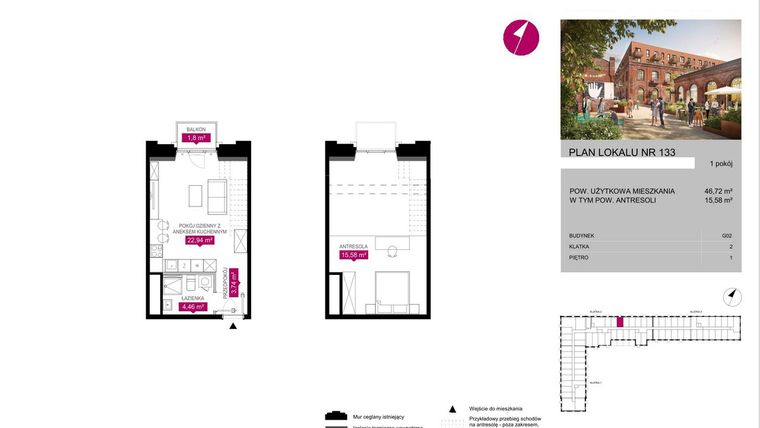 Rzut - Mieszkanie na sprzedaż 1 pokój o powierzchni 46,72 m² - numer G2.133 w Fuzja Lofty