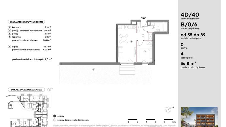 Rzut - Mieszkanie na sprzedaż 2 pokoje o powierzchni 36,77 m² - numer B/0/6 w Osiedle Mateckiego 4ALL