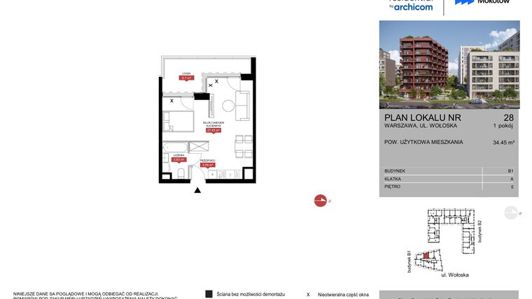 Rzut - Mieszkanie na sprzedaż 1 pokój o powierzchni 34,45 m² - numer B1.28 w Modern Mokotów
