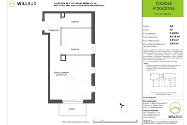 Rzut - Mieszkanie na sprzedaż 2 pokoje o powierzchni 45,14 m² - numer OP/A2/P2/14 w Osiedle Pogodne etap I