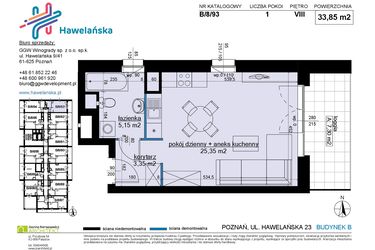 Rzut - Mieszkanie na sprzedaż 1 pokój o powierzchni 33,85 m² - numer B/8/93 w Osiedle Hawelańska etap III - bud. B