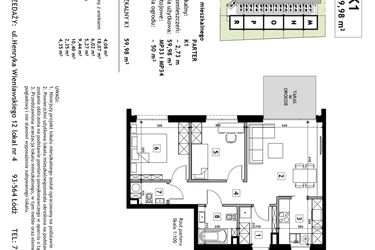 Rzut - Mieszkanie na sprzedaż 3 pokoje o powierzchni 59,98 m² - numer K1 w Złotno Residence
