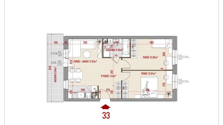 Rzut - Mieszkanie na sprzedaż 3 pokoje o powierzchni 55,48 m² - numer 33 w Zalesie