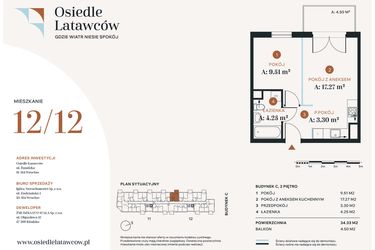 Rzut - Mieszkanie na sprzedaż 2 pokoje o powierzchni 34,33 m² - numer C12-12 w Osiedle Latawców