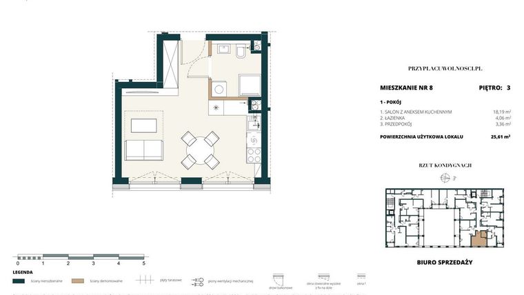 Rzut - Mieszkanie na sprzedaż 1 pokój o powierzchni 25,6 m² - numer 3. M8. w Przy Placu Wolności