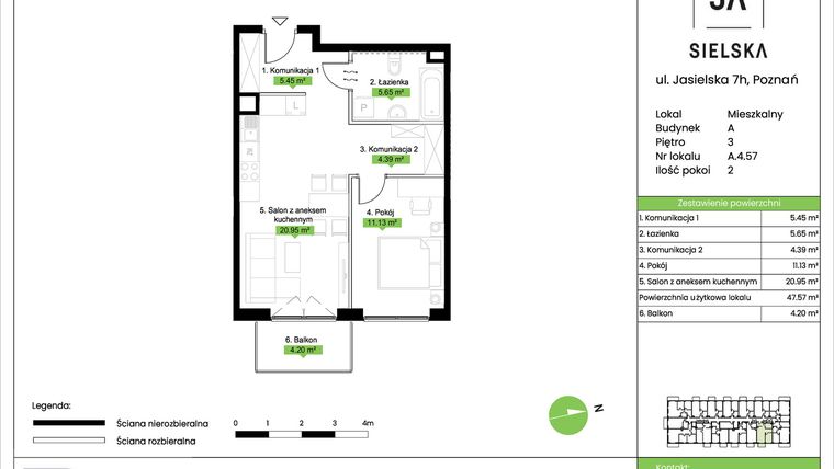 Rzut - Mieszkanie na sprzedaż 2 pokoje o powierzchni 47,57 m² - numer A.4.57 w JA_SIELSKA V