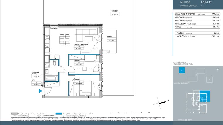Rzut - Mieszkanie na sprzedaż 3 pokoje o powierzchni 63,61 m² - numer C.1.01 w Nordic Bemowo - etap IV