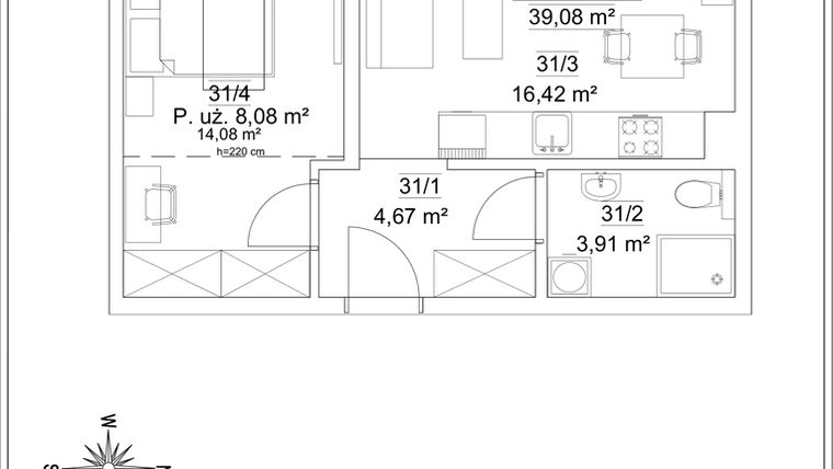 Rzut - Mieszkanie na sprzedaż 2 pokoje o powierzchni 33,08 m² - numer B1.31 w Osiedle Versus
