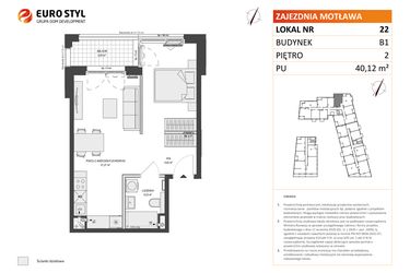 Rzut - Mieszkanie na sprzedaż 1 pokój o powierzchni 40,12 m² - numer B1.22 w Zajezdnia Motława