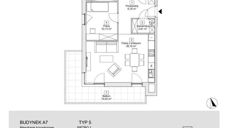 Rzut - Mieszkanie na sprzedaż 3 pokoje o powierzchni 64,97 m² - numer A7.1.3 w Zacisze Marcelin IIIa