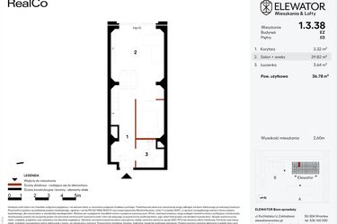 Rzut - Mieszkanie na sprzedaż 1 pokój o powierzchni 36,78 m² - numer EZ.1.3.38 w Elewator - Mieszkania i Lofty