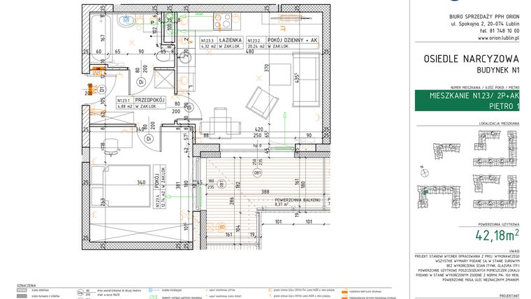 Rzut - Mieszkanie na sprzedaż 2 pokoje o powierzchni 42,18 m² - numer N1.23 w Osiedle Narcyzowe etap 2