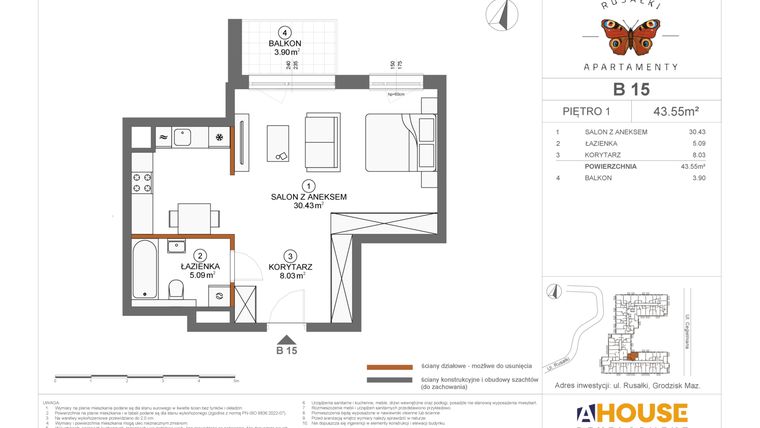 Rzut - Mieszkanie na sprzedaż 1 pokój o powierzchni 43,55 m² - numer B15 w Apartamenty Rusałki