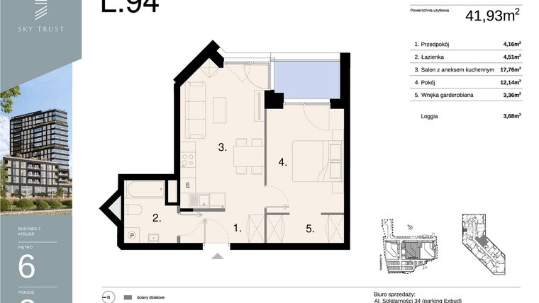 Rzut - Mieszkanie na sprzedaż 2 pokoje o powierzchni 41,93 m² - numer L94 w Sky Trust etap II - apartamenty inwestycyjne 23% VAT PRS