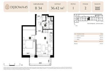 Rzut - Mieszkanie na sprzedaż 2 pokoje o powierzchni 36,42 m² - numer B.34 w Dębowa 45