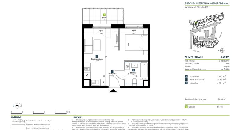 Rzut - Mieszkanie na sprzedaż 1 pokój o powierzchni 28,99 m² - numer AA0305 w Pilczycka Vita