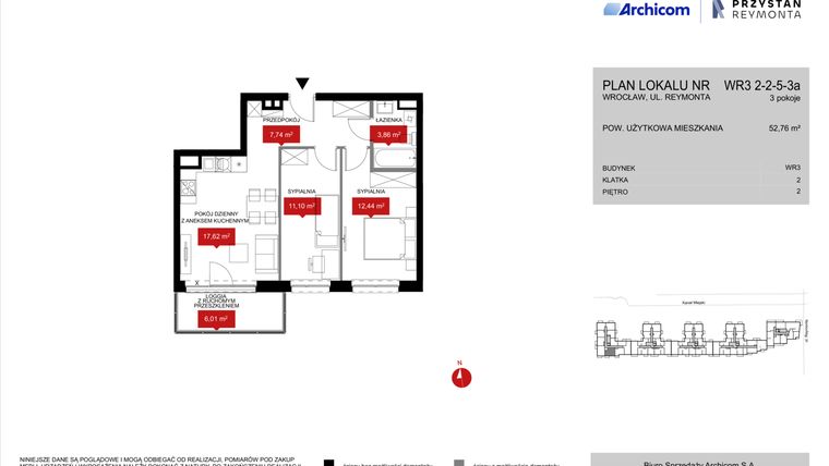 Rzut - Mieszkanie na sprzedaż 3 pokoje o powierzchni 52,76 m² - numer WR3 2/2/5/3a w Przystań Reymonta etap II